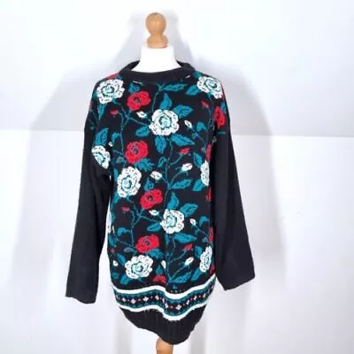 Buy Vintage Jumper Floral Pattern Roses Black Retro Christmas Sweater Gothic 10 12 • 14£