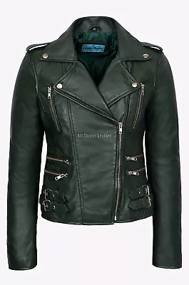 Buy Ladies Cross Zip Leather Jacket Green Soft Lambskin Biker Style Fashion Jacket • 93.49£