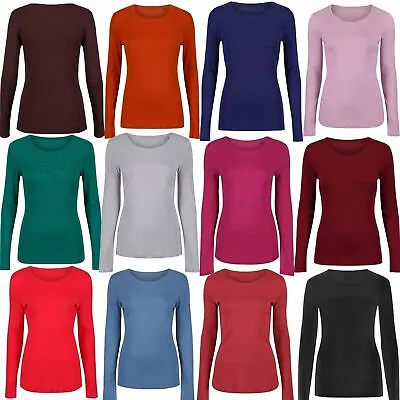 Buy Womens Plain Tshirt Ladies Long Sleeve Scoop Neck T Shirt Top Plus Size 8-26 • 6.29£