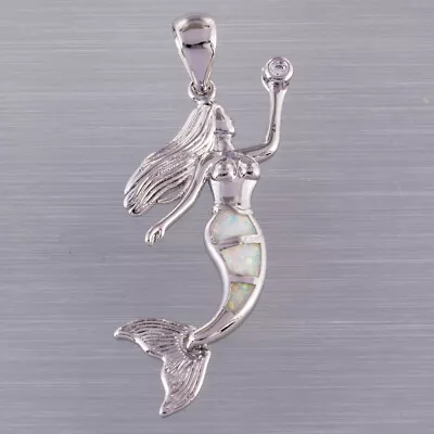 Buy White Fire Opal CZ Mermaid Silver Jewellery Pendant For Necklace • 3.75£
