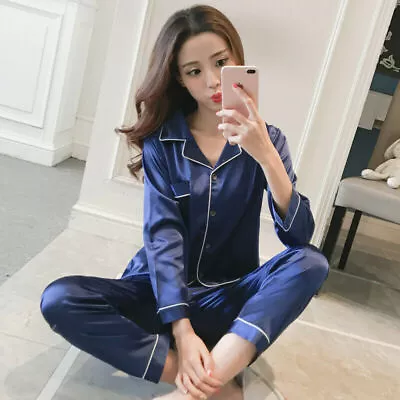 Buy Ladies Satin Pyjamas PJs Womens Silk Long Sleeve Soft Sleepwear Nightwear Set UK • 6.79£