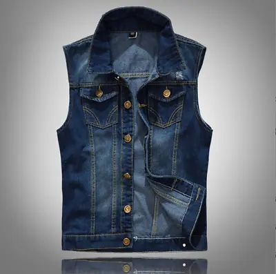Buy Mens Retro Denim Waistcoats Jeans Slim Fit Jacket Sleeveless Cowboy Biker Vest • 16.79£
