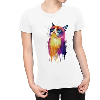 Buy 1Tee Womens Watercolour Abstract Grumpy Cat  T-Shirt • 7.99£