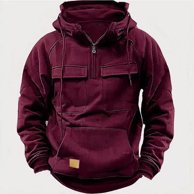 Buy Mens Cargo Hoodies Tops Casual Baggy Combat Outdoor Pocket Hooded Sweatshirt • 18.79£