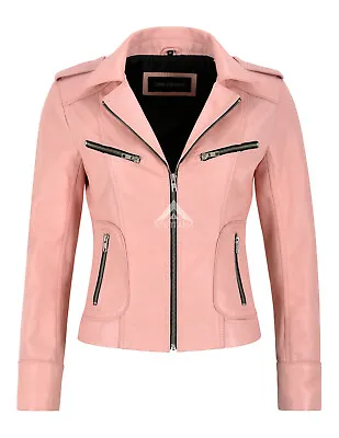 Buy Ladies Fashion Leather Jacket Baby Pink Real Lambskin Tops Black Zip & Lining • 95.80£