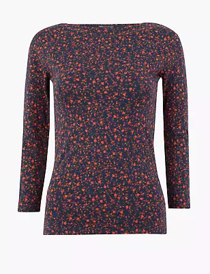 Buy EX M&S Fitted Slash Neck 3/4 Sleeve T Shirt Top Navy With Coral Floral Print 14 • 5.99£