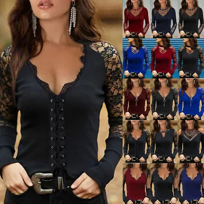 Buy Women V Neck Lace Tops Ladies Gothic Long Sleeve Casual T-Shirt Blouse Pullover • 3.39£