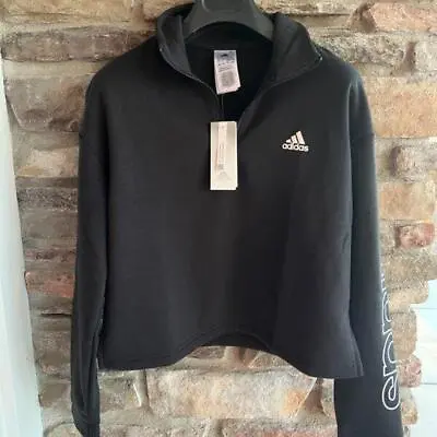 Buy Adidas Women's Linear Fleece 1/4 Zip Pullover Crop Sweatshirt Black Large Sm NWT • 28.77£