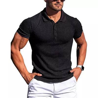 Buy Men Polo Shirt Short Sleeve T Shirts Mens Ribbed Sport Loose Fit Plain Tee Work • 11.99£