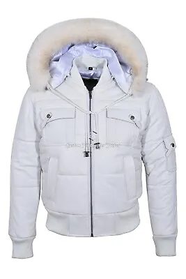 Buy Mens Puffer Jacket Bomber Style White Real Leather Hoodie Jacket Pilot 6 Puffer • 112£