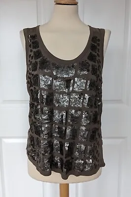 Buy Witchery Khaki Sequin Jersey Front Woven Back Vest Top Size Xs Great Condition • 12.99£