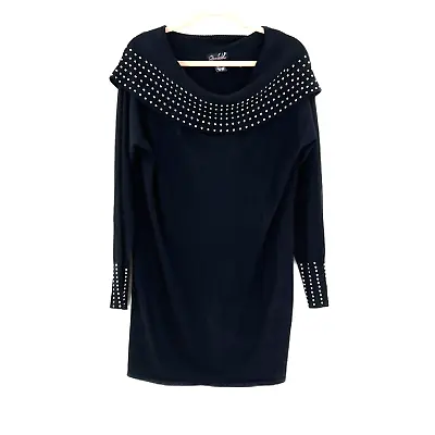 Buy Questions Cowl Neck Silver Studded Long Line Shimmer Sweater Women's 2X Black • 18.89£