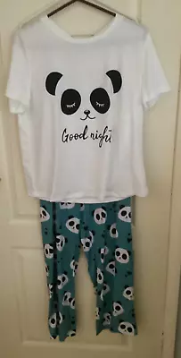 Buy NEW. Womens White & Blue Cartoon Panda 2 Piece Pyjama Set Size L (12-14) • 8.99£