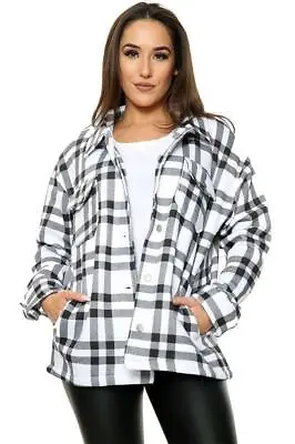 Buy Womens Check Fleece Casual Jacket Shacket Tunic Oversized Baggy Top Shirt Coat  • 18.98£