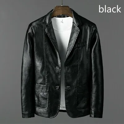 Buy Men PU Leather Jacket Coats Motorcycle Slim Fit Button Blazer Lapel Plus Size • 53.72£