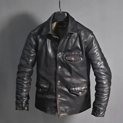 Buy Men's Biker Distressed Black Vintage Motorcycle Cow Hide Leather Jacket Coat • 88.99£