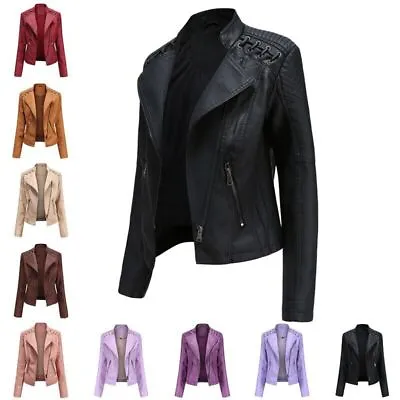 Buy Ladies Leather Jacket Biker Style Tops Black ZIpped Locomotive Clothes Jacket • 37.98£