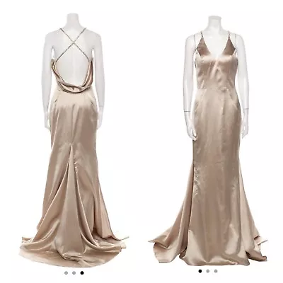 Buy Terani Couture Gown NEW + Tags Sexy Back Straps V-Neck Satin Train Dress Crystal • 101.74£