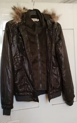 Buy Endeshi Brown Khaki Shiny Fur Lined Hooded Bomber Jacket Size 8 • 8£