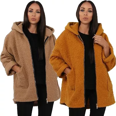 Buy New Italian Ladies Hooded Teddy Pocketed Fluffy Zipped Jacket 12 - 18 UK • 14.90£