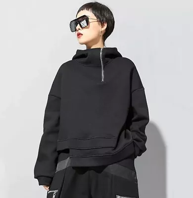 Buy Black Soft Sweater Zip Funnel Neck  Arty Urban Chic Loose Hoody Sweater Top  12 • 54.99£
