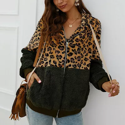 Buy Women Bear Hooded Jackets Autumn Leopard Print Fleece Zipper Coat Winter Outwear • 17.68£