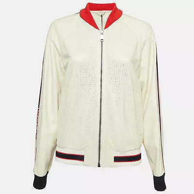 Buy Gucci Cream Logo Print Leather Perforated Detail Bomber Jacket L • 1,316.56£