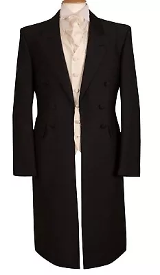 Buy Black Wool Frockcoat Jacket Wedding Herringbone Victorian Edwardian Steampunk • 79£