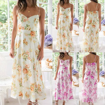 Buy Womens Boho Floral Cami Dress Summer Beach Holiday Sexy Strappy Midi Sundress 14 • 1.89£