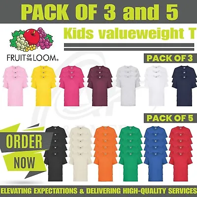Buy Pack 5 & 3 Fruit Of The Loom Kids Valueweight T-shirt Plain Top Childrens SS031 • 9.99£