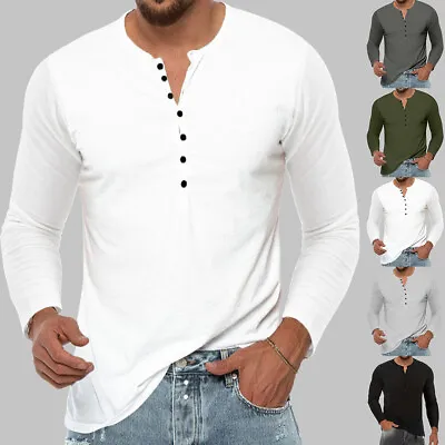 Buy Mens Grandad Long Sleeve V-Neck Shirt Top Casual Collarless Button T Shirt Tee • 3.99£
