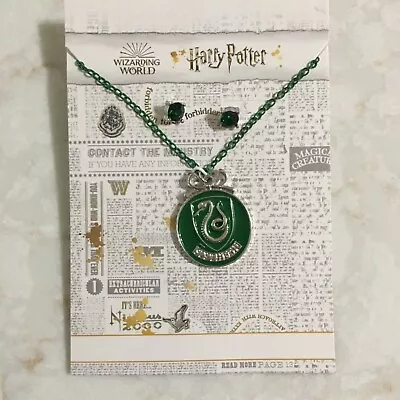 Buy NEW Harry Potter SLYTHERIN Earrings & Necklace Jewelry Set Green & Silver Tone • 12.17£