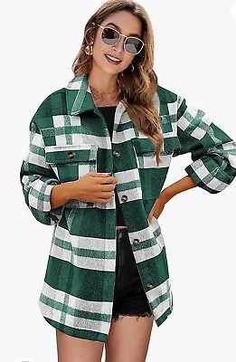 Buy Women’s Shacket Plaid Fleece Jacket Small Flannel Oversized Button Up • 15.16£