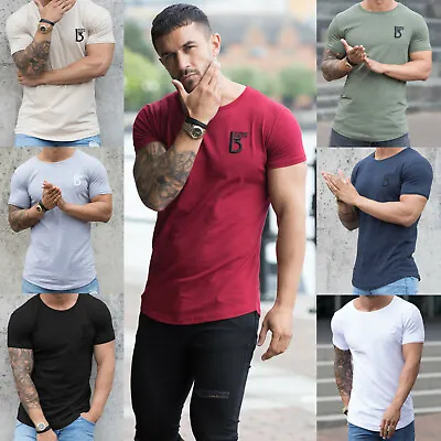 Buy Mens Slim Fit T Shirt Muscle Fit Gym Top Designer Short Sleeve Curved Hem Tee  • 9.99£