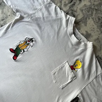 Buy Vintage Acme Clothing Looney Tunes 1991 90s Tweety Sylvester Pocket Tshirt L • 39.99£