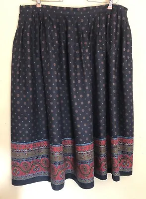 Buy Vintage A-Line Skirt Size 24W Navy Blue & Pink Retro Print Below The Knee Length • 13£