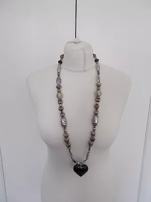 Buy Costume Jewellery  Silver Tone Black Heart Pendant Chunky  Beaded  Necklace • 7.85£