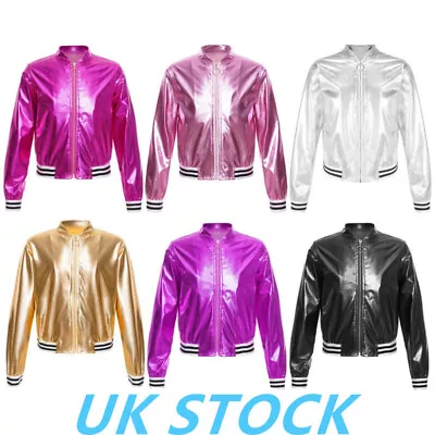 Buy UK Girls Metallic Baseball Jacket Coat Long Sleeve Zipper Street Dance Outerwear • 12.07£