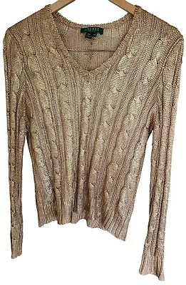 Buy NWOT LRL Ralph Lauren Petite Womens V-neck Gold Foil Metallic LP Large Sweater  • 24.57£