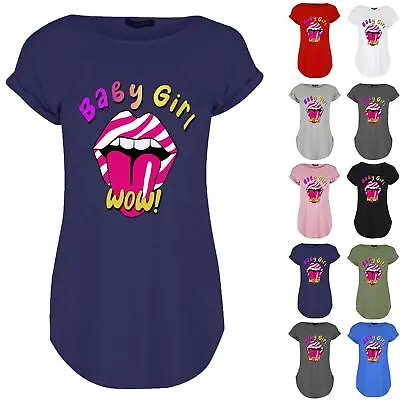 Buy Womens Turn Up Sleeve Curved Hem Baby Girl Wow Printed Ladies Summer T Shirt UK • 3.49£
