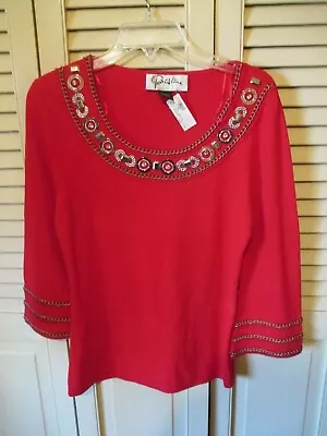 Buy NWT PARISLINE Red Holiday Top Sweater NECKLINE W/ GOLD CHAINS + BLING Sz L NEW  • 17.29£