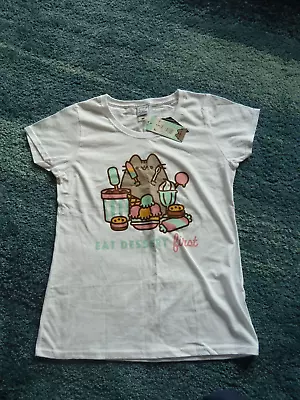 Buy Ladies Fit Pusheen Cat T-shirt White New With Tags Size S 'Eat Desert First' • 12.99£