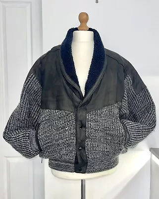 Buy Vtg Gentlemens L Chunky Knit Grey Black Leather Jacket Coat Winter Bomber 80 90 • 62£