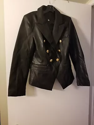 Buy Black Leather Double Breasted Cropped Blazer Jacket • 48.33£