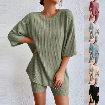 Buy Womens Solid Casual Loose Suits Ladies Short Sleeve Tops+Shorts Sets 2PCS 6-12 • 3.39£