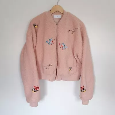 Buy River Island Bomber Jacket Embroidered Teddy Fleece Pink Size 8-12 P2P 26  • 23.99£