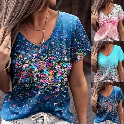 Buy Womens Floral V Neck T-shirt Blouse Ladies Summer Short Sleeve Casual Tunic Tops • 2.39£