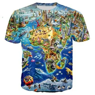 Buy Women Men T-Shirt 3D Print Short Sleeve Tee Tops World Map And Animals Casual • 10.78£