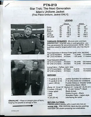Buy NEWLY REVISED Star Trek TNG Men's Uniform Jacket Pattern:  P-XX  --   PTN-010 • 18.99£