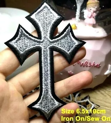 Buy Silver Cross Patch Black Crucifix Embroidered Iron On Christian Goth • 2.35£